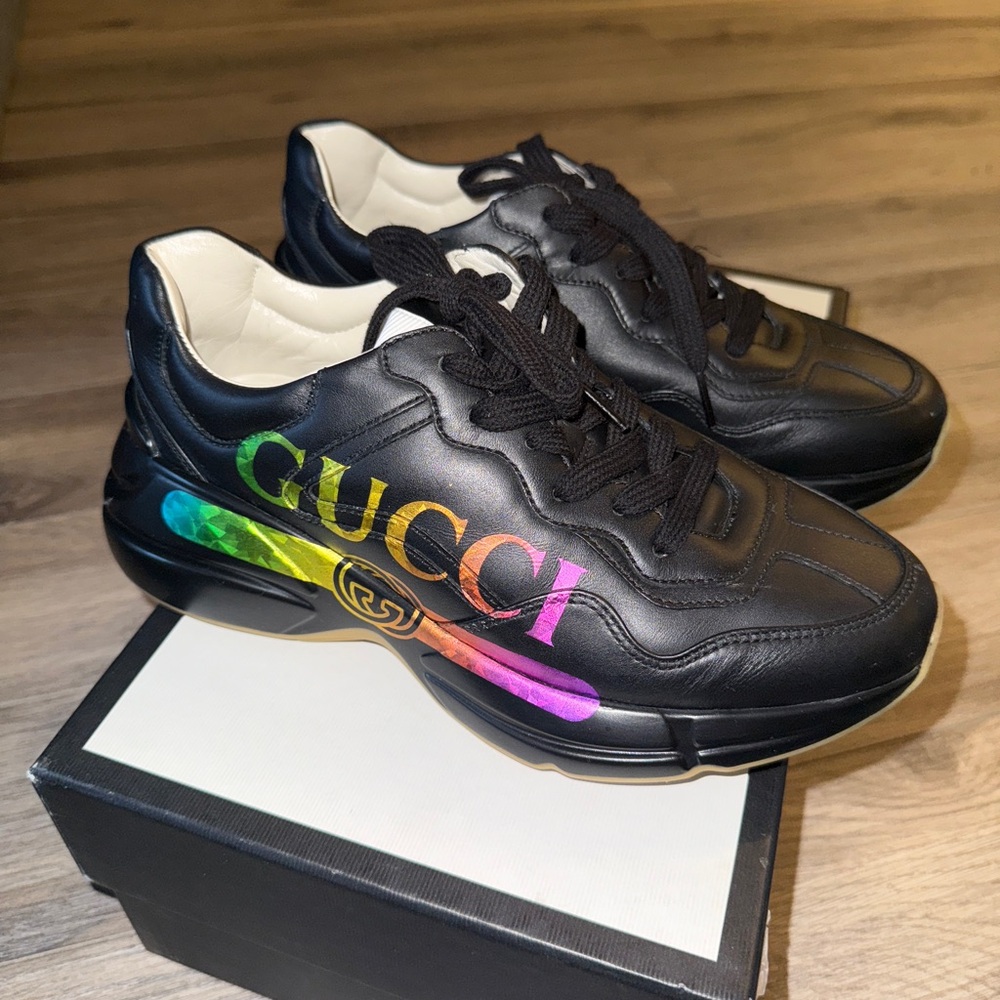 Gucci Black Leather Sneakers with Multicolor Logo